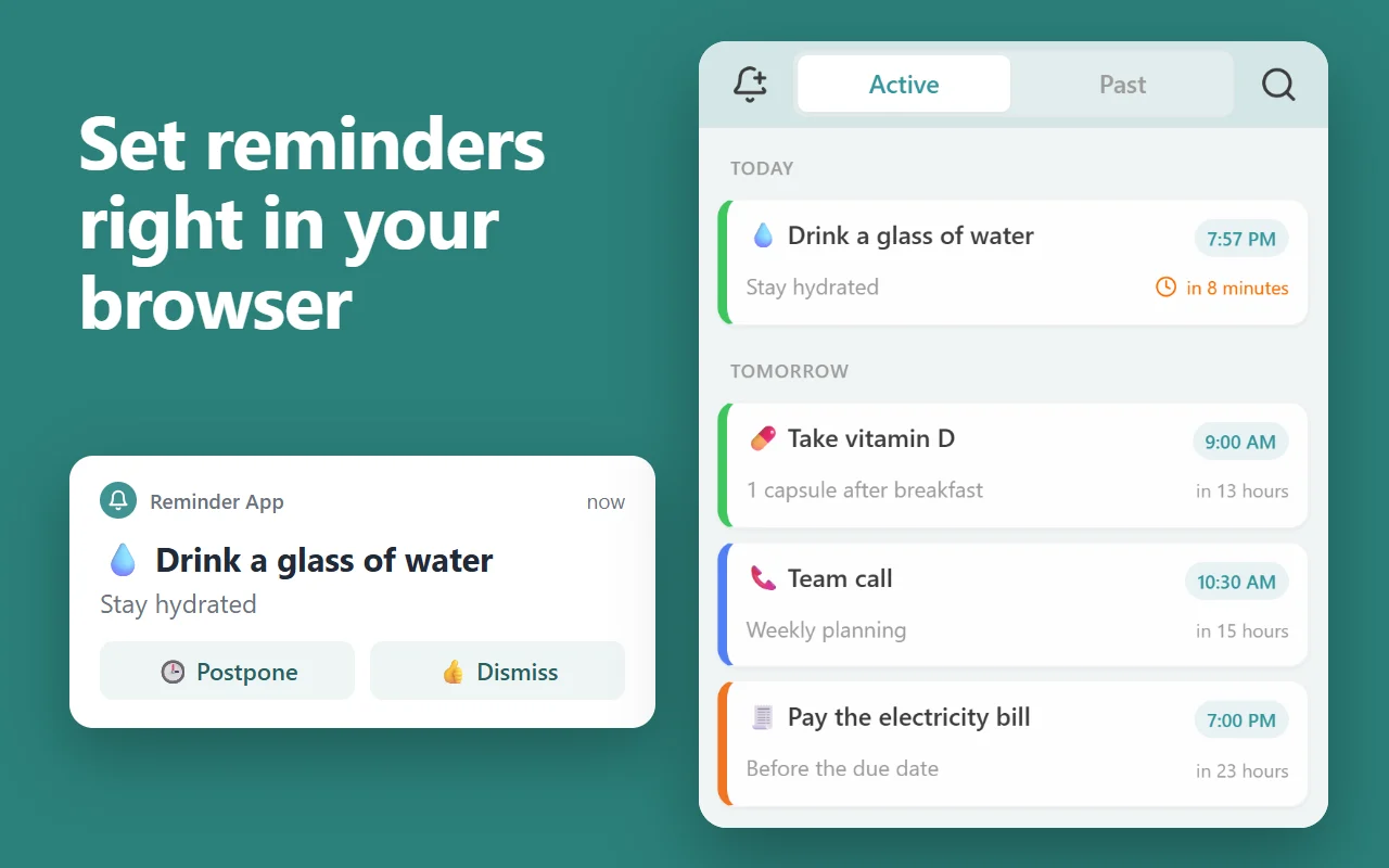 Reminder App in Chrome’s side panel: today’s and tomorrow’s reminders, and a notification with Postpone and Dismiss